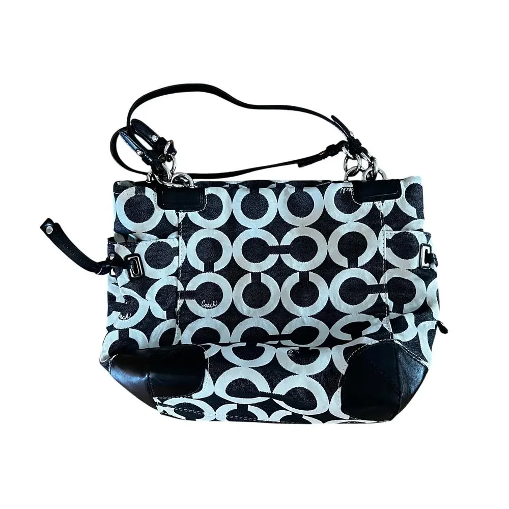 COACH Peyton Signature Op Art Tote Canvas Bag with Leather Accents